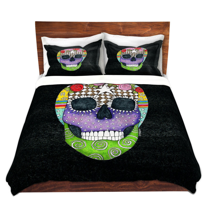 Ensemble de housse de couette Sugar Skull, 1 housse de couette grand + 2 taies standards, Noir / Vert
