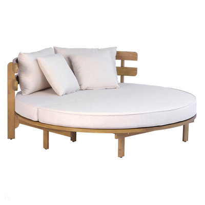 Lit de jour d'extérieur rond en bois d'acacia, chaise longue avec dossier à lattes incurvé, coussin et 4 coussins pour la cour, la piscine