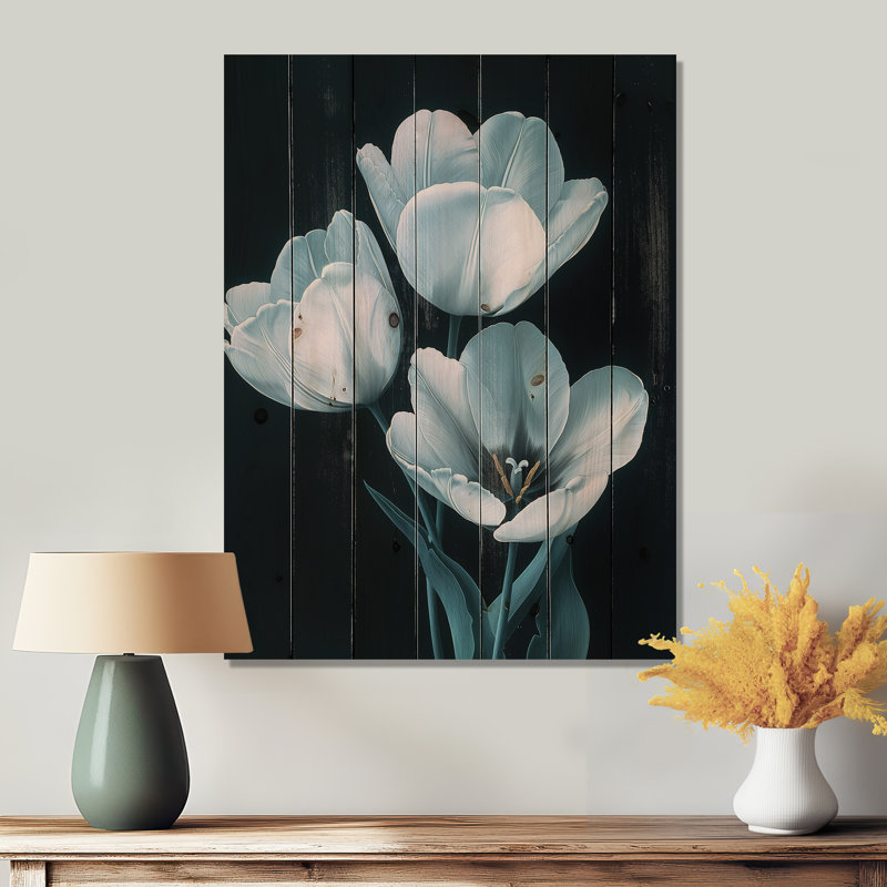 Blue White Midnight Moon Tulips - Tulips Wood Wall Decor - On Natural Pine Wood, 44" H x 34" W x 0.78" D