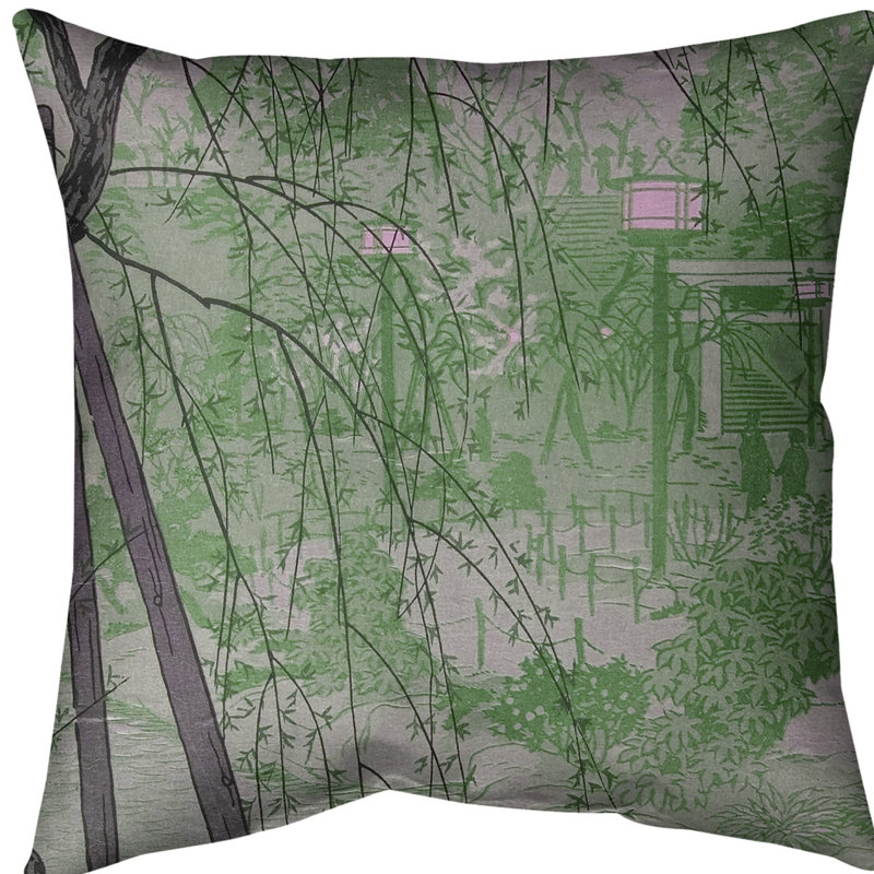 Coussin Misty Evening at Shinobazu Pond, 18 po x 18 po, Vert, Sergé de coton
