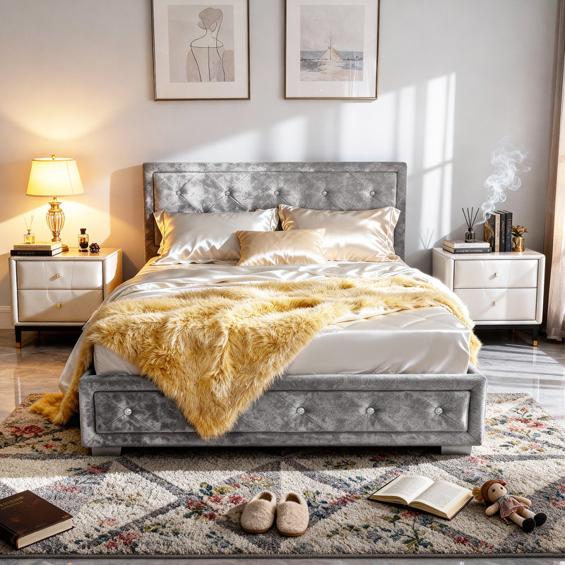 Upholstered Ottoman Storage Bed, Double (4'6), Silver