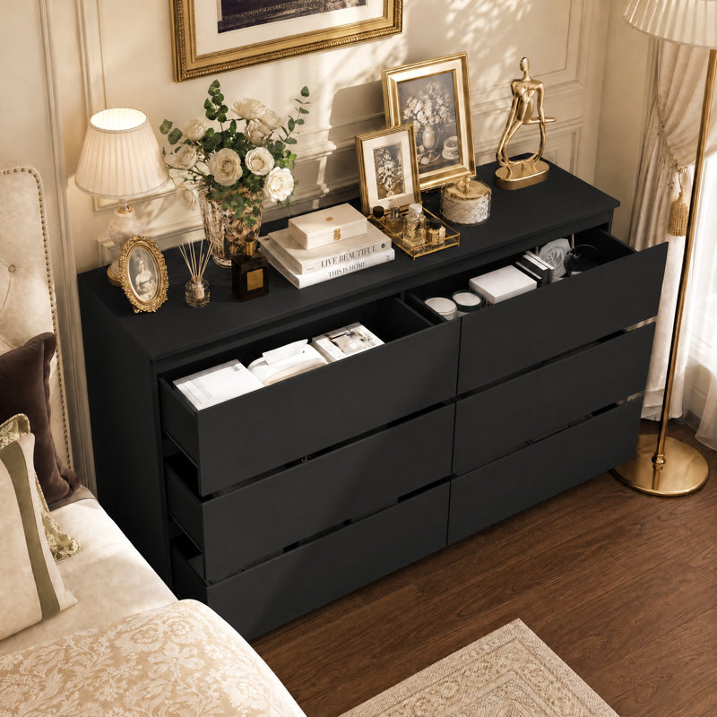 Commode à 6 tiroirs de 47 po de largeur, commode double de rangement pour chambre à coucher avec rangement spacieux et design moderne