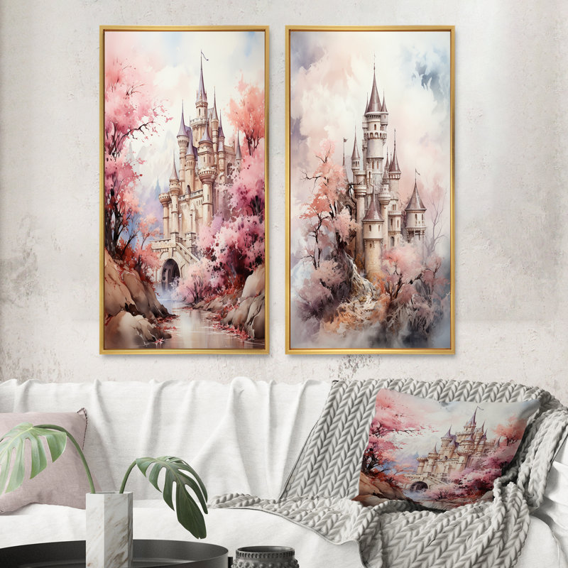 «Castles Pastel Dreams», 2 pièces sur toile, H 40 po x l 40 po, Encadrement doré