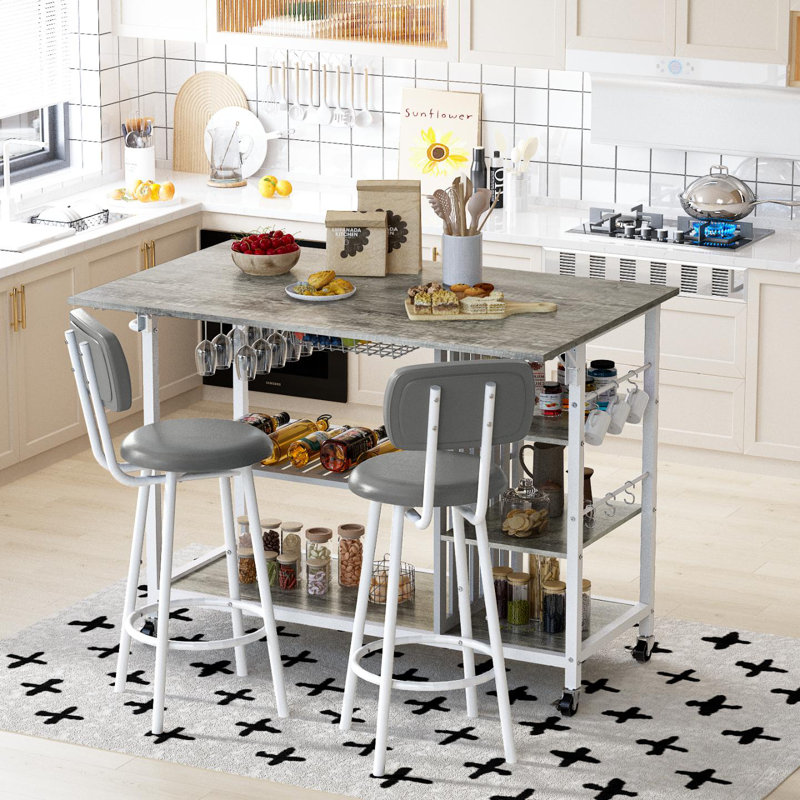 3 - Person Four Leg Dining Set, Bar Table Set With Storage And Wine Shelves, With Counter Height Faux Marble Table And 2 Stools, Space Saving Bar Table And Chairs Set For Dining Room