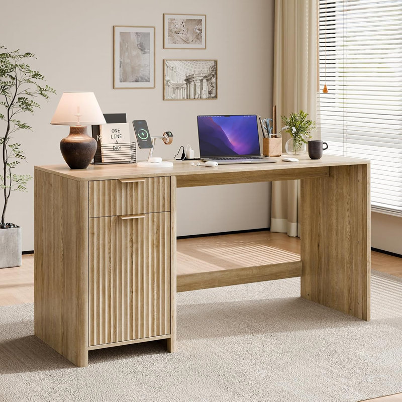 60" Fluted Home Office Desks With Storage, Modern Executive Desk Computer Desk With Drawer & Cabinet, Wood Work Desk For Office, Bedroom, Study, Living Room