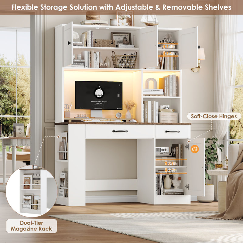 47.2”W * 70.9”H Smart Desk with Hutch, Computer Desk with Charging Station, 16-Color LED Lights, Magazine Rack & Adjustable Shelves, Home Office Writing Table for Work/Gaming