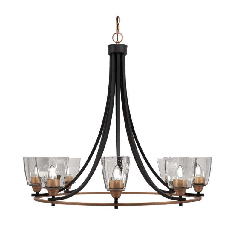 Enna Paramount 8 Light Uplight Chandelier Shown In Matte Black & Brass Finish With 4.5” Square Clear Bubble Glass