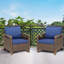 Ensemble de 2 chaises longues d'extérieur en osier brun avec coussins bleus pour véranda ou terrasse