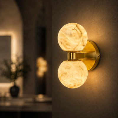8.66-inch-High Modern 2-Light Alabaster Globe Wall Sconce with Brushed Brass Backplate for Bedroom Living Room and Hallway