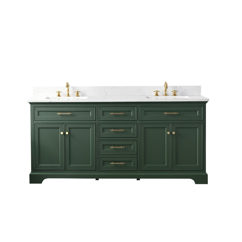 Meuble-lavabo double avec plateau en pierre artificielle Currahee, Conifère / or brossé