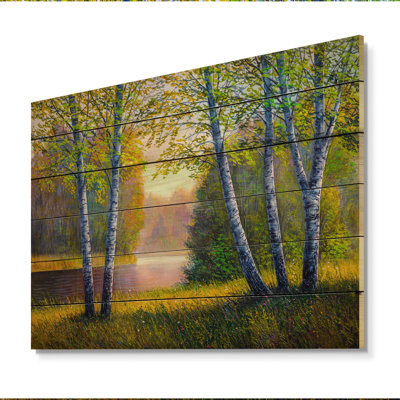 Rivière à travers la forêt de bouleaux - peinture sur bois sans cadre