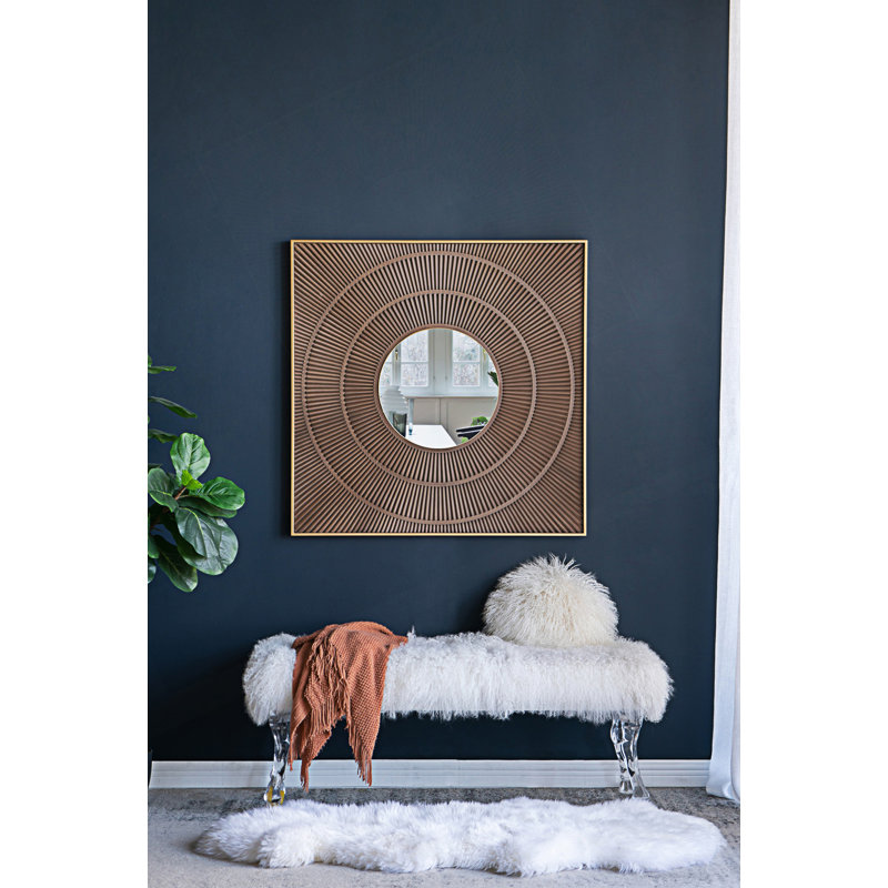 Square Carved Mirror With Pleated Design, Neutral Colorway Wall Decor, Gold/Brown