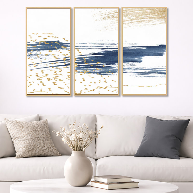 «Dark Blue and Gold Abstract I», ensemble d'art mural moderne sur toile encadrée, Brun, H 20 po x l 36 po x P 1 po