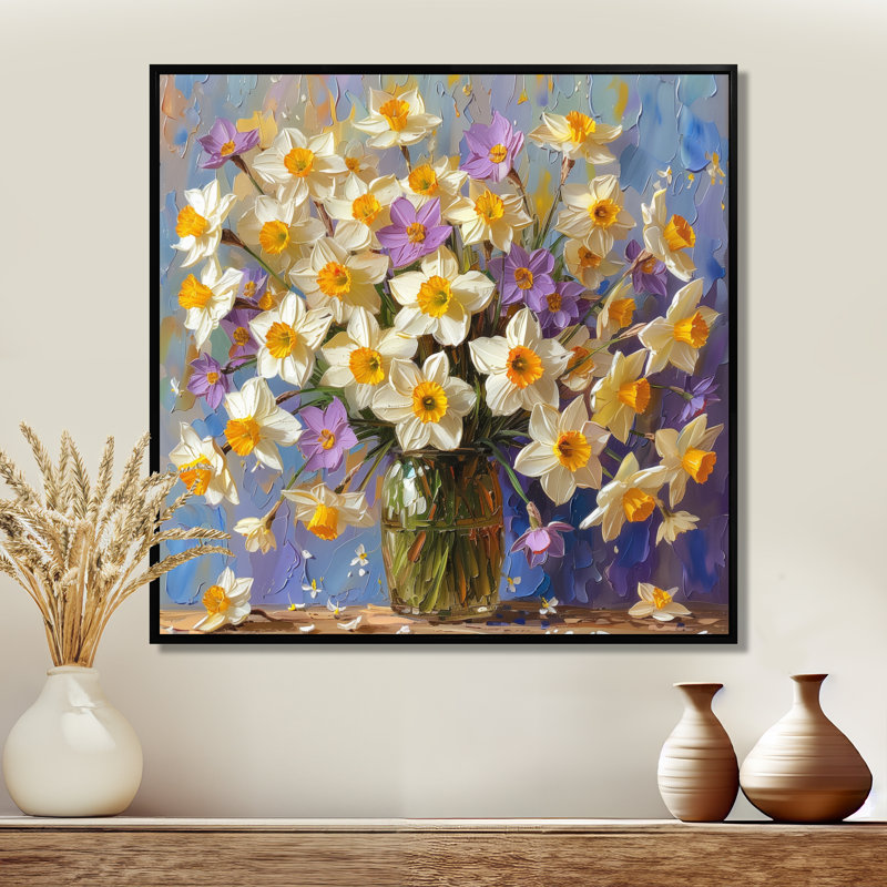 Blanc, jaune, beauté royale, jonquilles - jonquilles, salon d'art mural, H 16 po x l 16 po, Cadre flottant noir