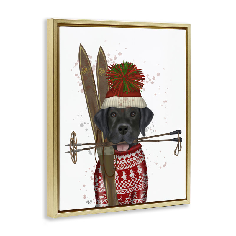 «Black Labrador Skiing» par Fab Funky, Cadre flottant métallique doré, H 21 po x l 17 po