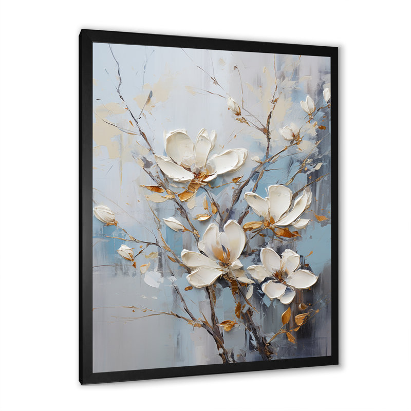 «Magnolias Beauty Blossums II» beige et doré sur toile, Cadre simple noir, H 20 po x l 12 po x P 1 po