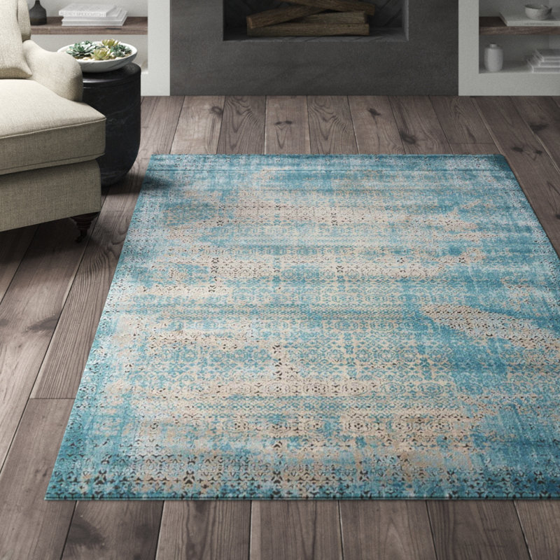 Tapis bleu / beige Saliba, Rectangle 6 pi 7 po x 9 pi 6 po