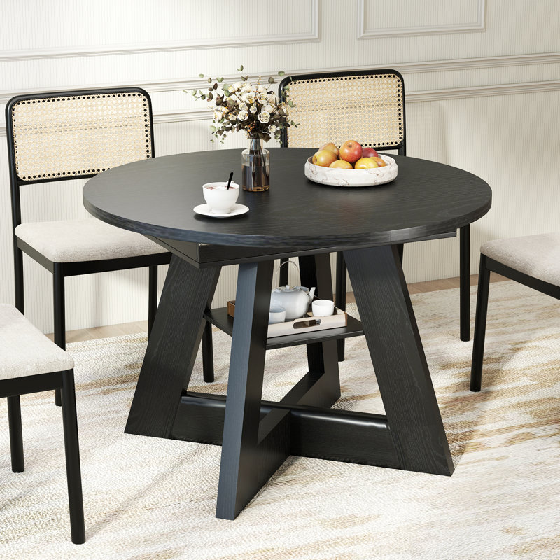 43.3in-59in Extendable Dining Table For 4-6, Round Kitchen Dining Room Table With Removable Leaves, Cross Base And Storage Shelf