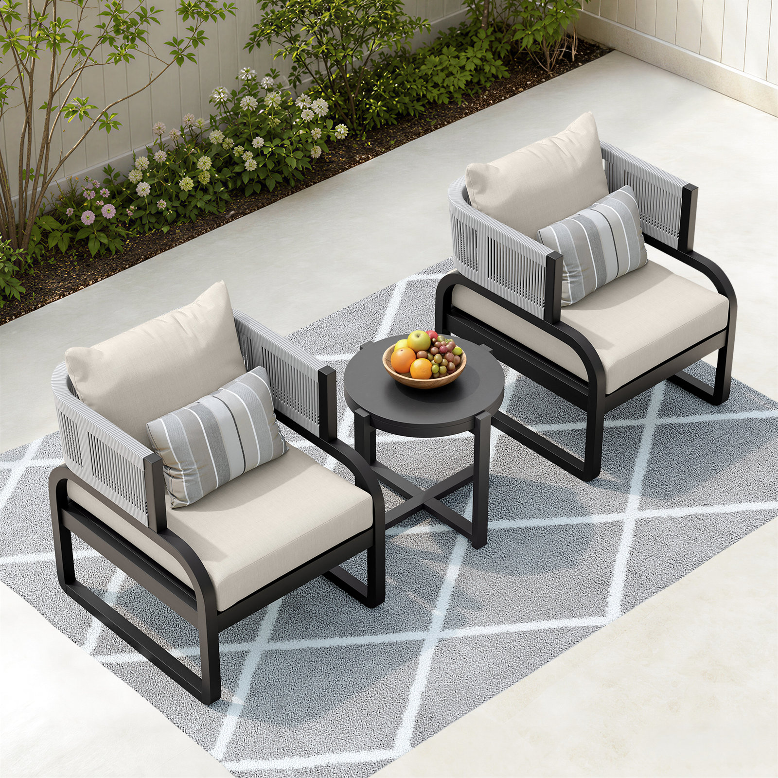 Rana 2-Person Sunbrella® Patio Seating Group, Matt Black Frame/Canvas Flax Sunbrella Cushion