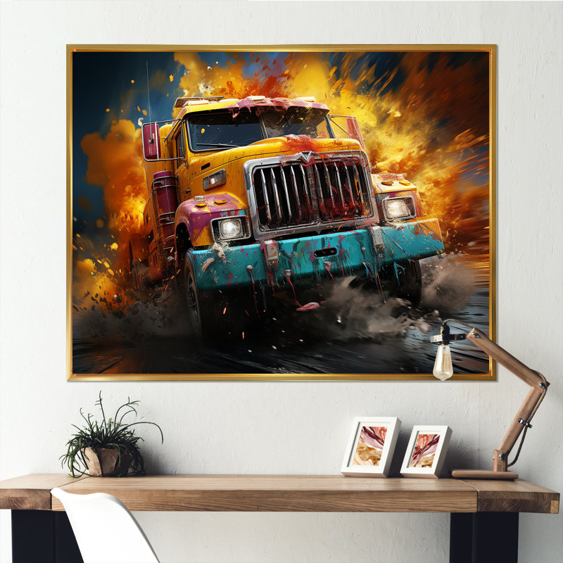 «Expressionist Monster Truck Fury II» sur toile, H 30 po x l 40 po x P 1,5 po, Cadre flottant doré