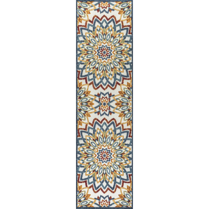 Flora Abstract Bold Mandala High-Low Red/Blue/Yellow Indoor/Outdoor Rug, Runner 2'3" x 8', Red/Blue/Yellow