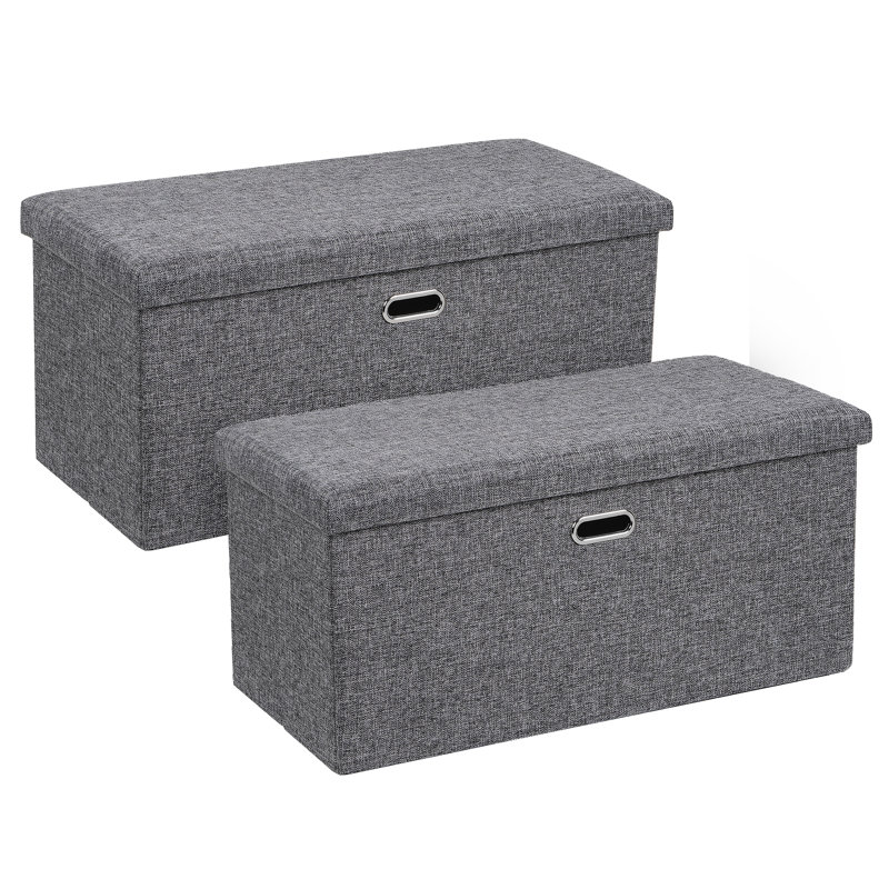 Set Of 2 Narrow Foldable Storage Ottomans, Linen Upholstered Storage Bench Footrest Stool, Collapsible Ottoman Box For Small Spaces, Bedroom, Living Room, Entryway