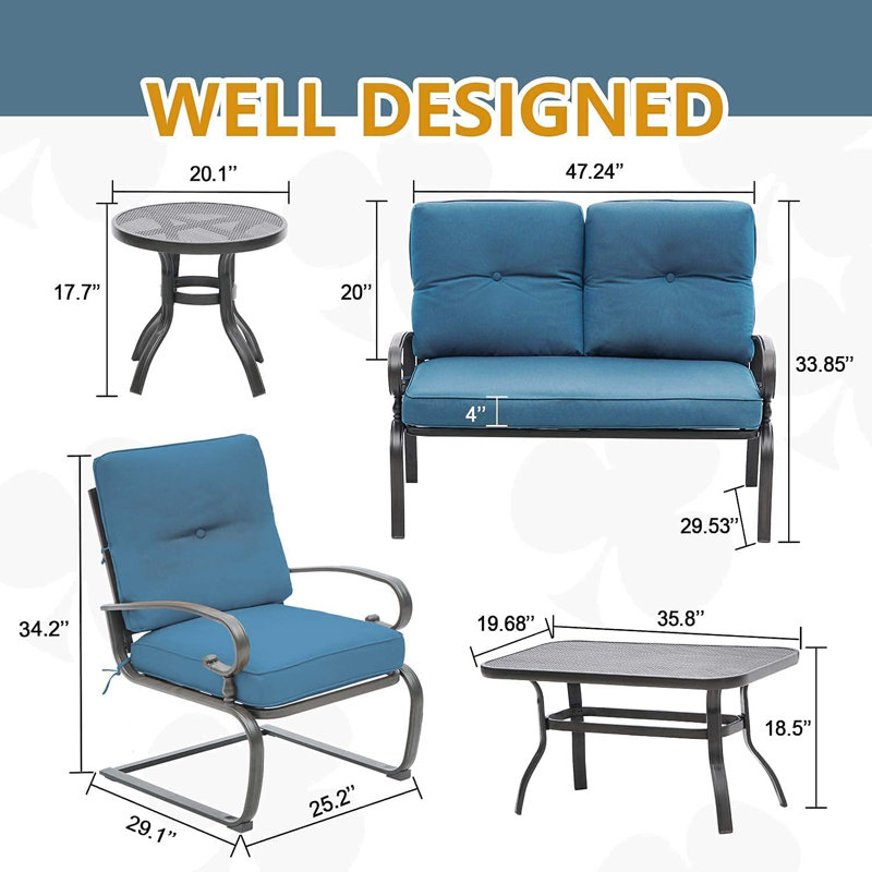 Alekto 4 - Person Patio Conversation Sets with Cushions, Peacock Blue