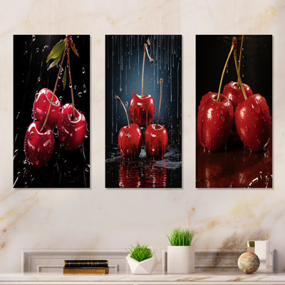 «Black and Red Cherry Delight I», ensemble de 3 reproductions d'art sur toile cerise