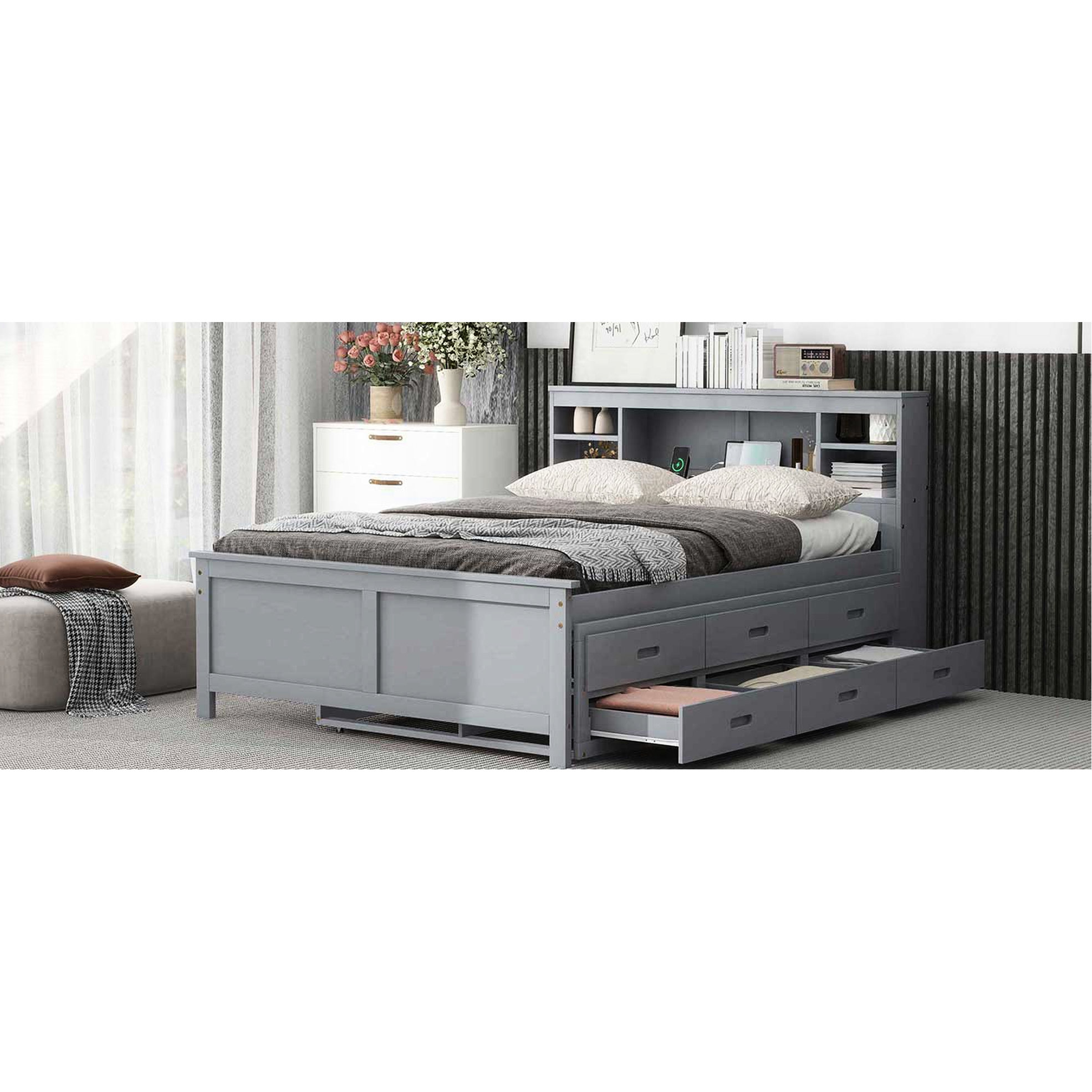 Latitude Run® Gray Full Size Platform Bed With Storage, Twin Trundle, 3 ...