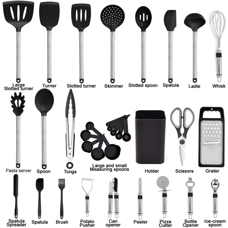 3 Calphalon Kitchen Utensils Cooking Black w/ Silicone Grip Spatula Ladle  Spoon