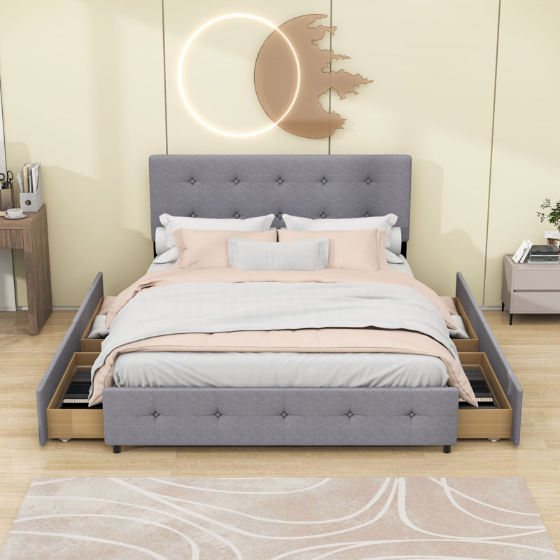 Grand lit plateforme tapissier 4 tiroirs avec tête de lit capitonnée, Gris clair