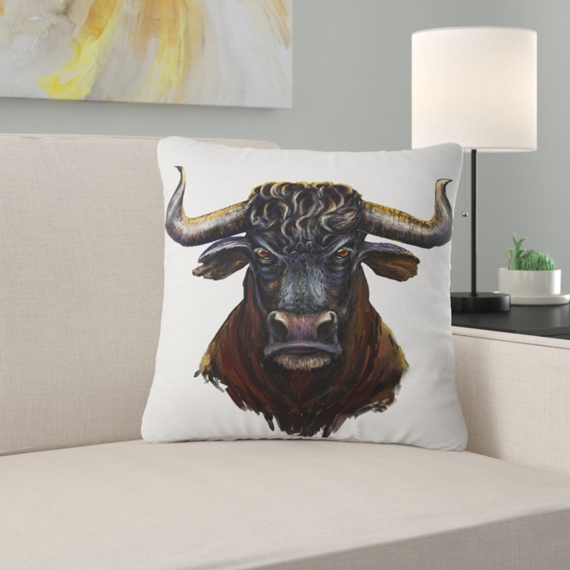 Art de taureau furieux - coussin imprimé animal, 16 po x 1 po, Carré