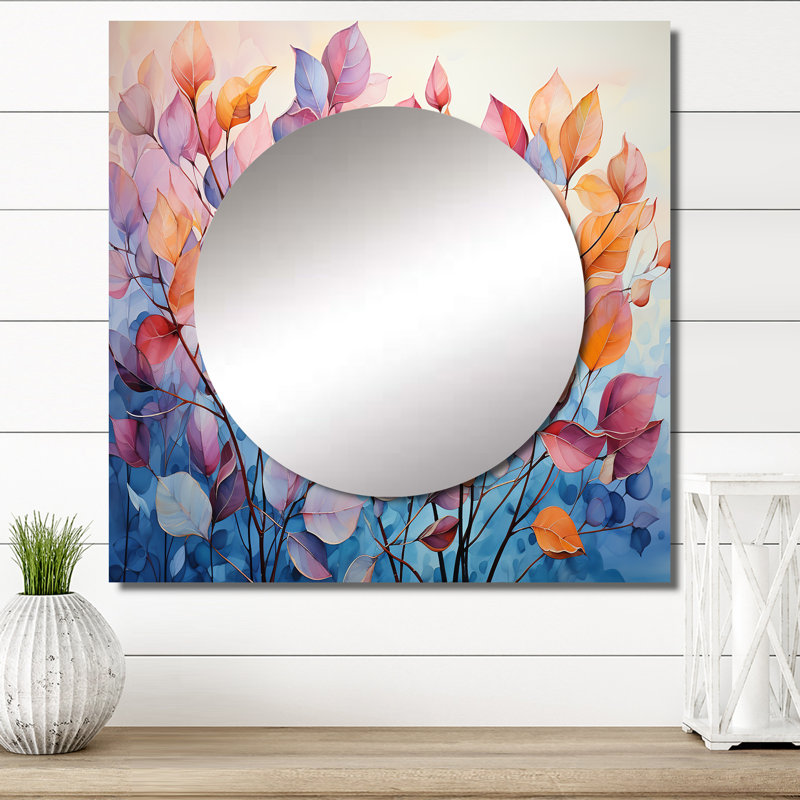 Caille - Miroir carré à motif de feuilles colorées, 36 po x 36 po