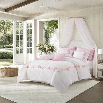 Ensemble de literie rose pour lit queen-size, couette en microfibre avec détails de nœuds floraux