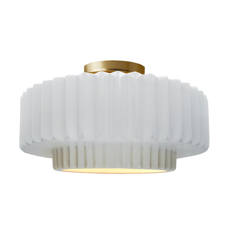 Plafonnier semi-encastré en céramique Dottie, Blanc brillant / laiton poli, H 8 po x l 16,5 po x P 16,5 po, Laiton brossé