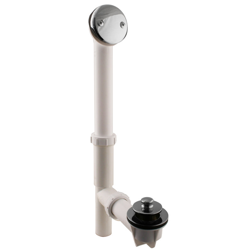 14" White Polypropylene Pull To Open Bathtub Leg Drain Assembly with Two-Hole Overflow , Polished Chrome