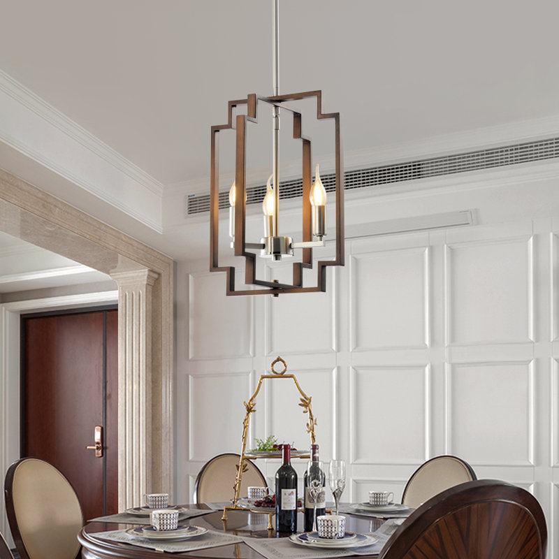 Lustre rectangulaire à 3 lumières avec détails en fer forgé Bartow, Bois brossé / nickel