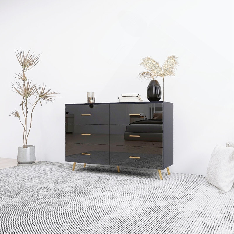 Commode 6 tiroirs avec poignée dorée et pieds en acier doré, Noir, noir, noir, noir