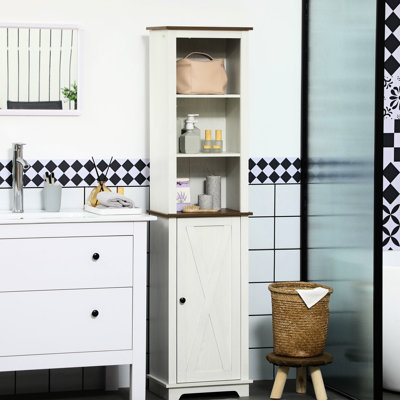 Bathroom Linen Tower With Triple Open Shelves And Door, White Freestanding Cabinet Adjustable Shelf For Hygiene Items, Cleaning Products Shelves, Door Supplies, Items