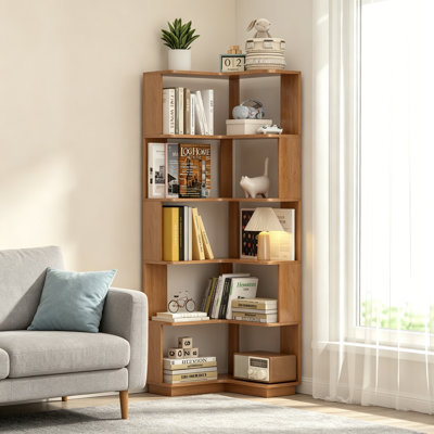 6 Tier Freestanding L-Shaped Corner Bookshelf For Living Room, Bedroom, Wooden Bookcase With Anti-Drop Panle And Anti Tipping Device, Display Shelf Open Storage Rack Organizer For Home Office DARK OAK