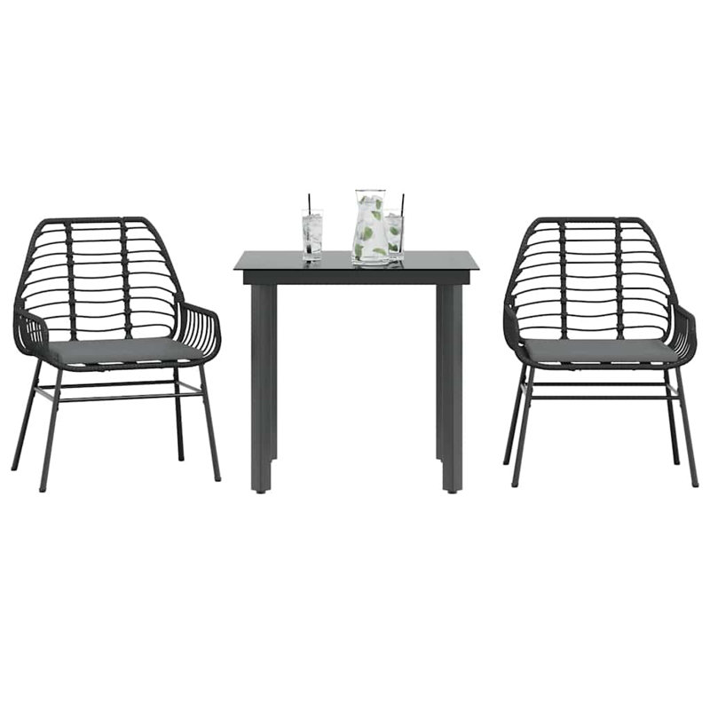 Patio Dining Set With Cushions Poly Rattan Glass, 29.1" H x 31.5" W x 31.5" L, 2, Black/Black