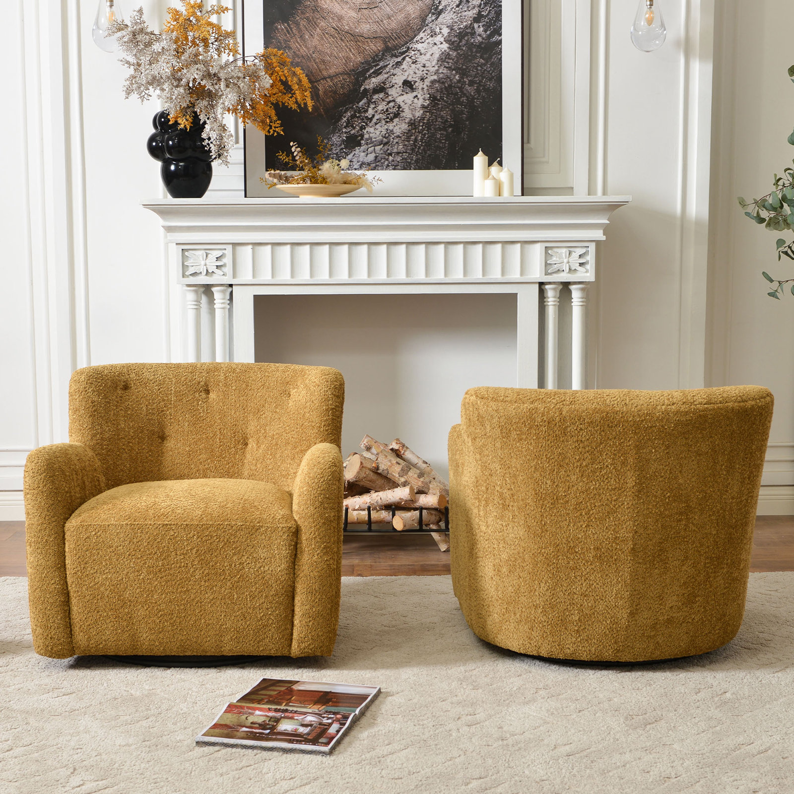 Fae Chenille Swivel Accent Chair, Golden Ochre Textured Chenille