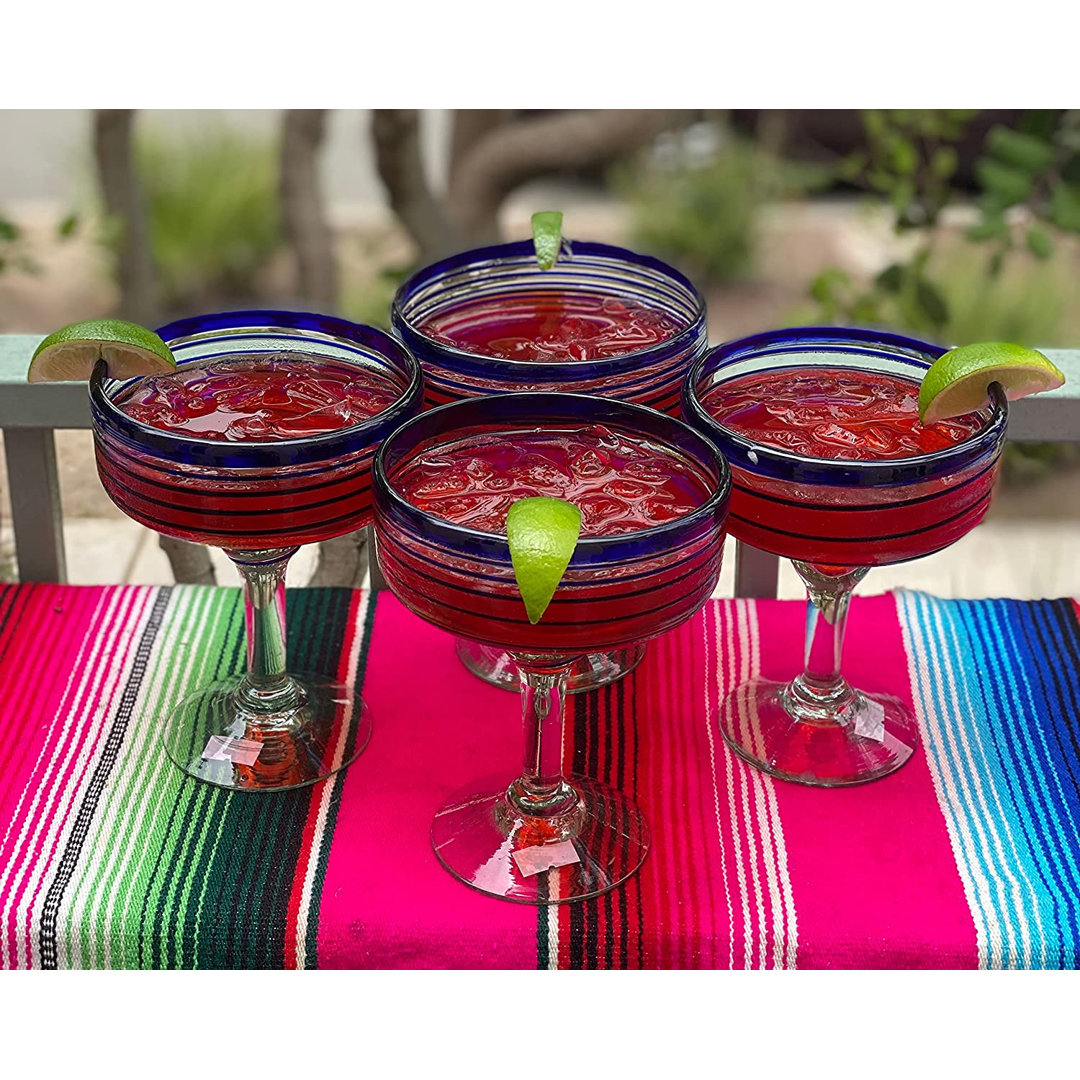 Hand Blown Mexican Margarita Glasses - Blue Spiral Design 16 Oz. (Set of 4) Red Barrel Studio®
