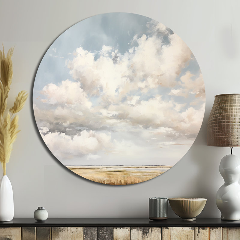 Nuage blanc paysage minimaliste - paysages d'art rond en métal, H 23 po x l 23 po