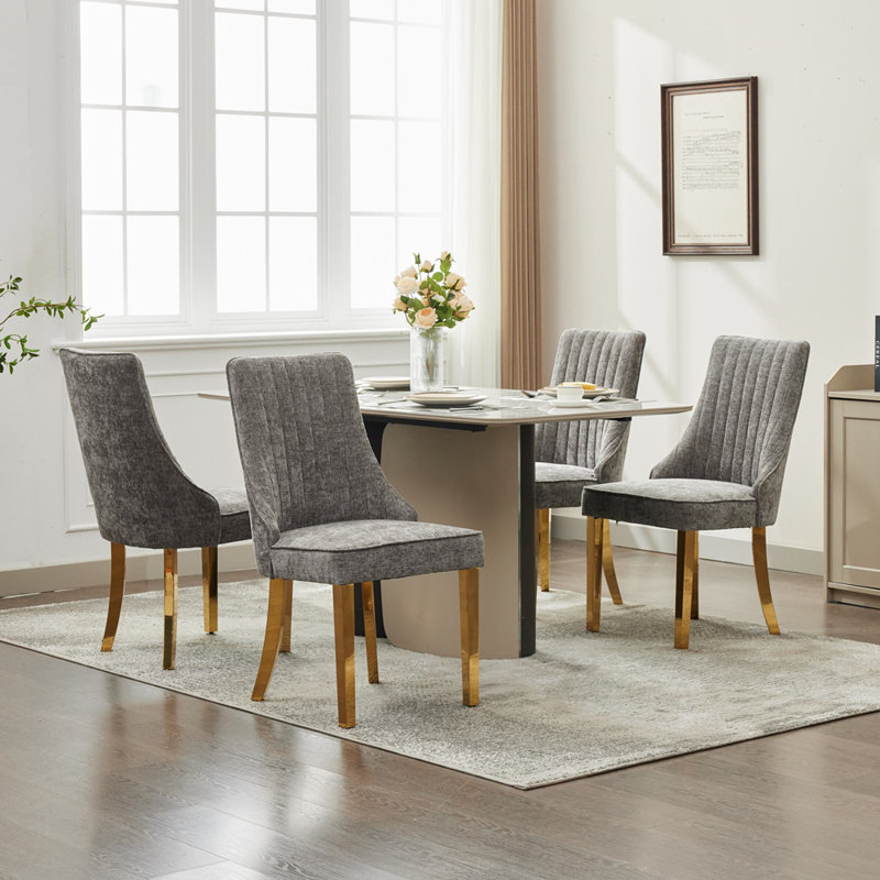 Chaise d'appoint en rayonne de chenille pour salle à manger avec pieds en acier inoxydable, Gris, Doré