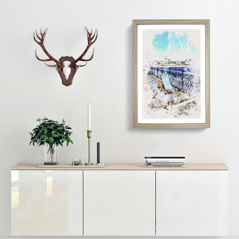 Upon Brighton Beach Pier - Picture Frame Painting Print, Oak Framed, 87cm H x 62cm W x 2cm D