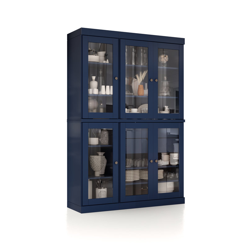 100% Solid Wood 48.5" Pantry China Cabinet with Clear Glass Doors, 2-Drawers and Adjustable Shelves, Navy