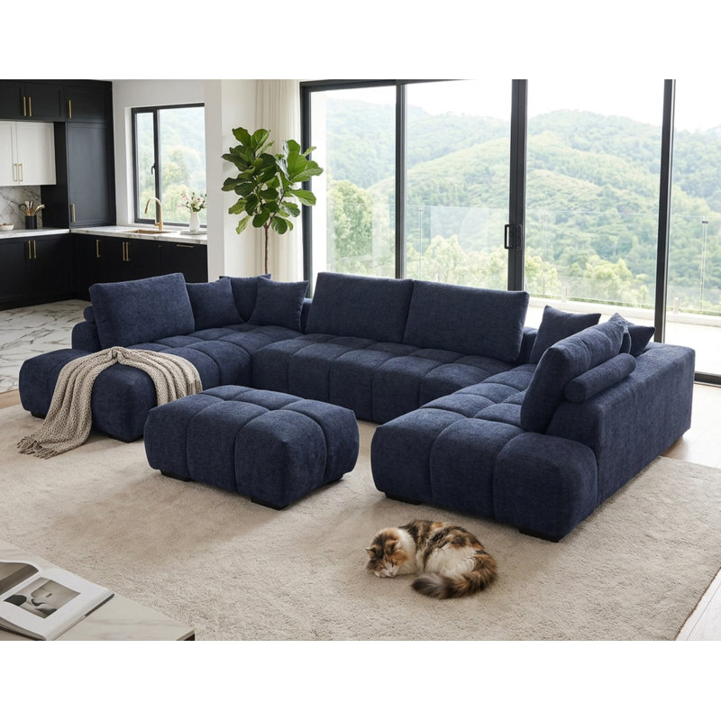 Canapé modulaire surdimensionné avec repose-pieds et méridienne, canapé moderne capitonné pour le salon, Bleu