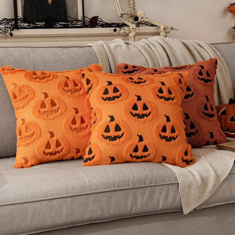 Housse de coussin décorative citrouille d'automne pour l'Halloween 50 x 50 cm orange et noir, Orange, Carré 20 po