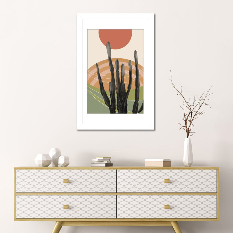 Cactus dans le désert III - reproduction d'art murale - papier d'art encadré, H 24 po x l 16 po, Blanc